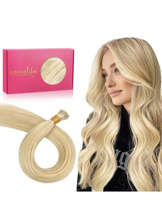 WENNALIFE I Tip Real Hair Extensions, 50 g, 100 Strands, 40 cm, Light Blonde Highlights Golden Blonde Hair Extensions, Bonding Real Hair Extensions, Professional Hair Extensions, Straight Real Human