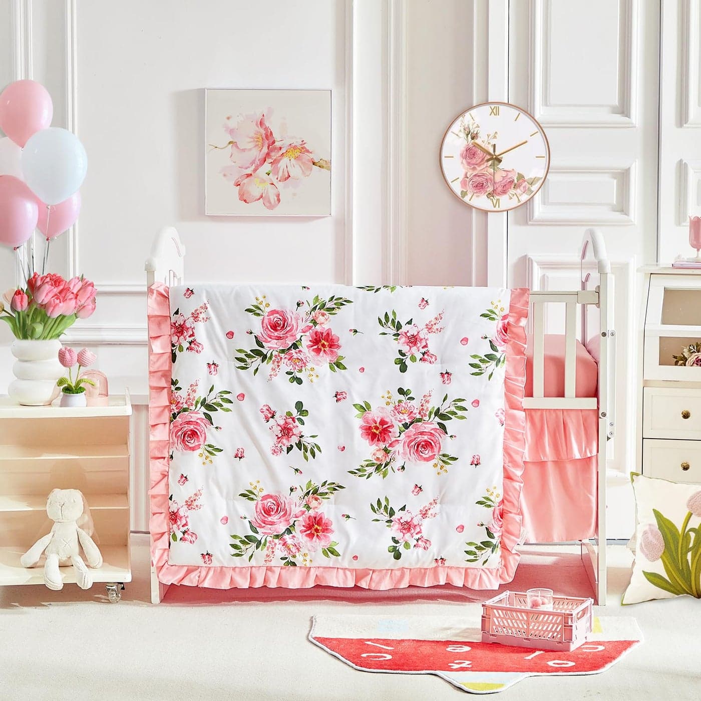 3 Pieces Flowers Mini Crib Bedding Set Baby Ruffled Quilted Comforter with Fitted Sheet and Bed Skirt Cute Ruffled Shabby Chic Baby Bedding Soft Blanket Floral Design Only for Min Crib