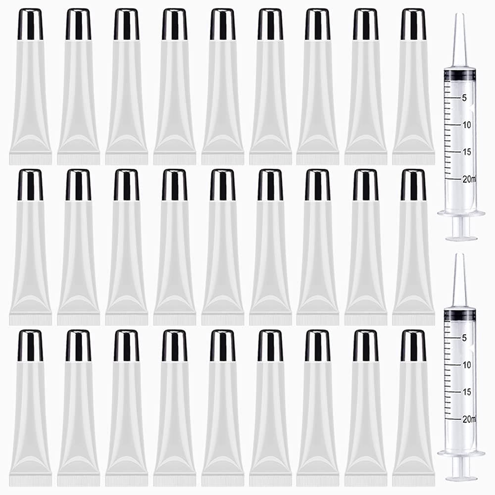 50PCS Lip Gloss Containers 15ml Silver Cap Refillable Cosmetic Squeeze Tubes 2 x 20ml Syringes Tag Labels Stickers for DIY Lip Gloss Base Glitter