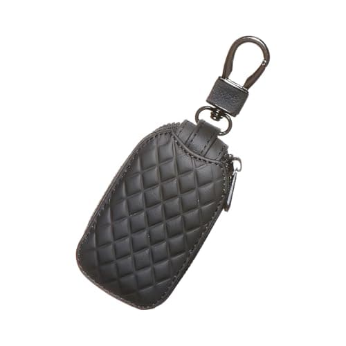 Bawkars Car Key Case Genuine Leather Remote Key Fob Cover with Keychain Metal Hook Zipper Car Smart Key Fob Protector Case Universal Vehicle Keyring Zipper Bag Black