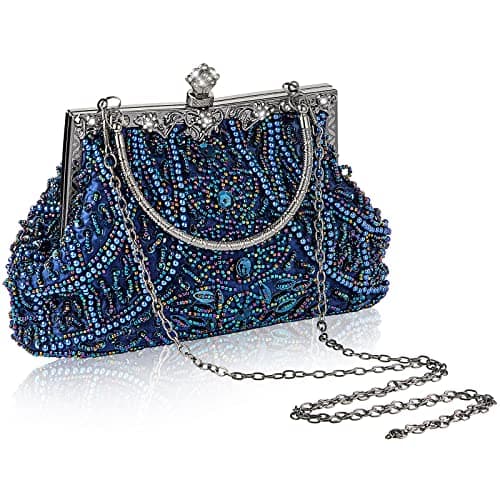 Amylove 1920s Vintage Beaded Clutch Evening Bag Formal 1920s Accessories for Women Wedding Party Gift, 8.66" x 5.31" x 2.95"(Dark Blue)
