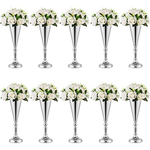 Sliver Vase Centerpiece Table Decorations 10 Pcs Metal Tabletop Flower Stand Wedding Decorations for Reception 14in Trumpet Tall Flower Vase for Birthday Weddings Anniversary Home Decor