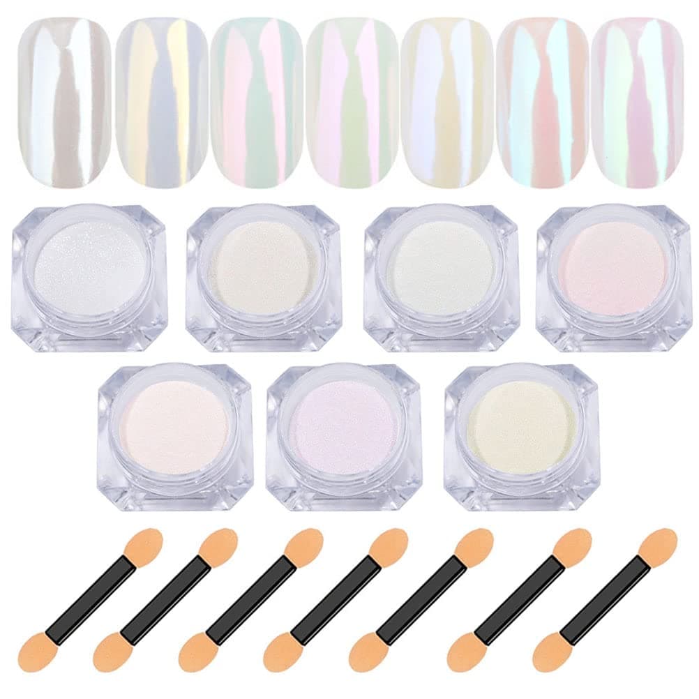 7 Colors White Pearl Chrome Nail Powder Aurora Metallic Nail Powder Holographic Mirror Effect Chrome Powder Iridescent Shell Powder Glitter Nail Art Pigment Manicure for Nails White Pearl