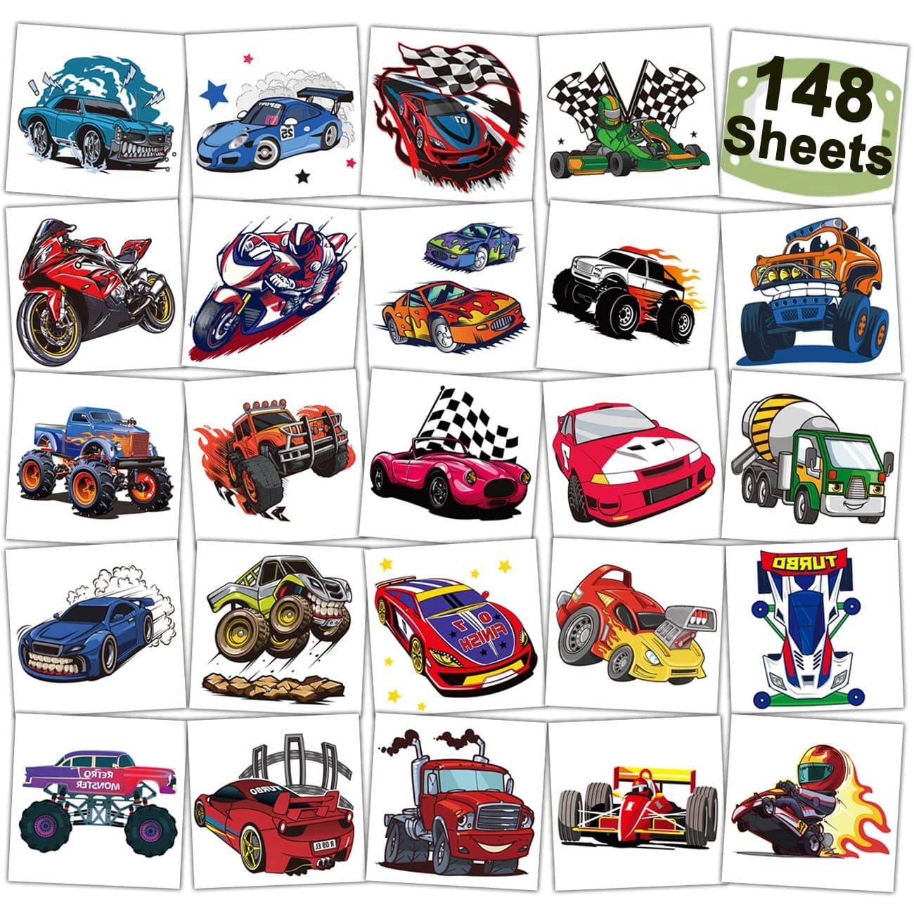 CHARLENT 148 PCS Race Car and Monster Truck Temporary Tattoos for Kids GoKart Car Individual Tattoos for Boys Racecar Birthday Party Favors Goodie Bag Fillers