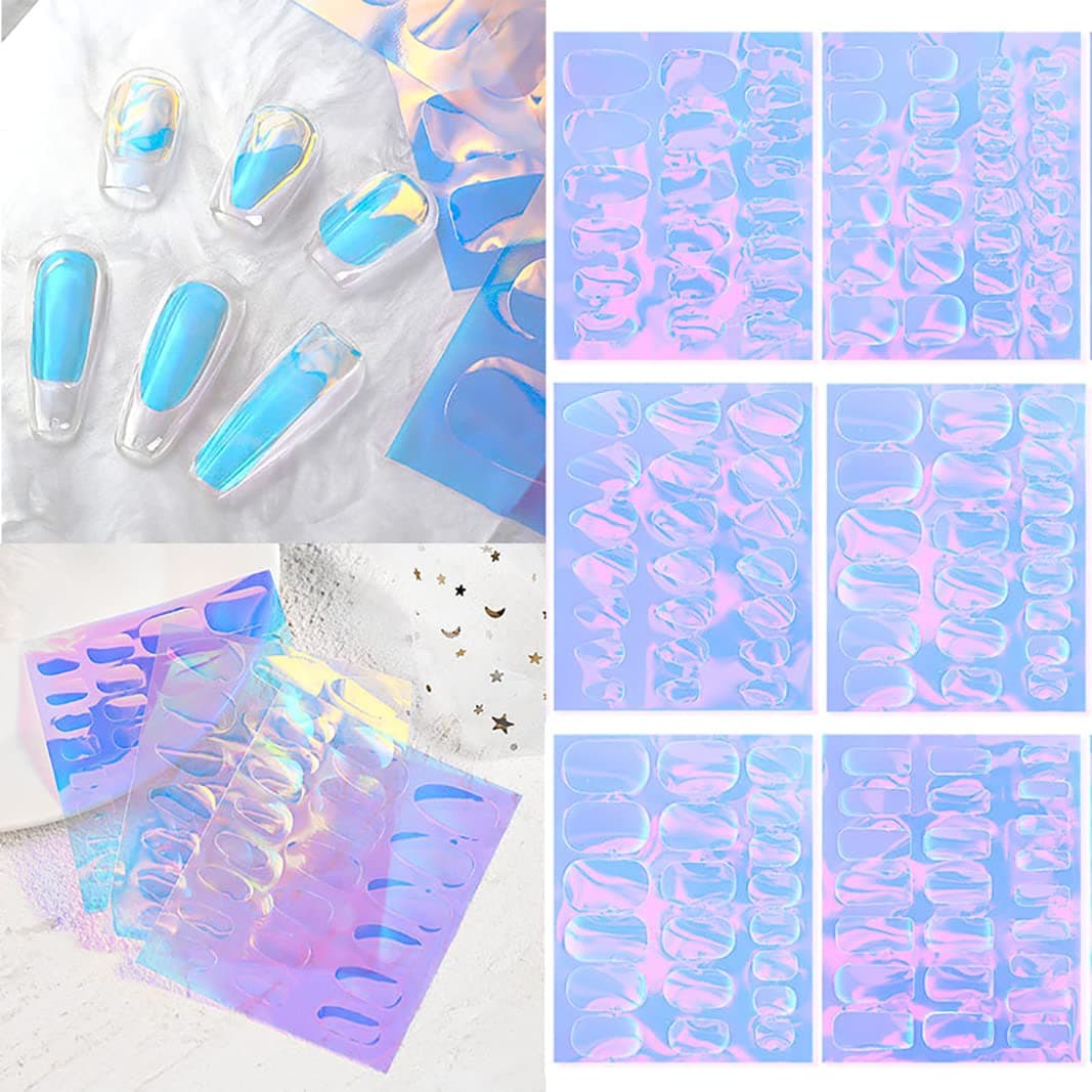 XEAOHESY 12 Sheets Aurora Nail Foil Sticker Ice Cellophane Nail Film Holographic Nail Art Stickers Laser Nail Decals for Women Girls Nail Art Decoration 6 Shapes