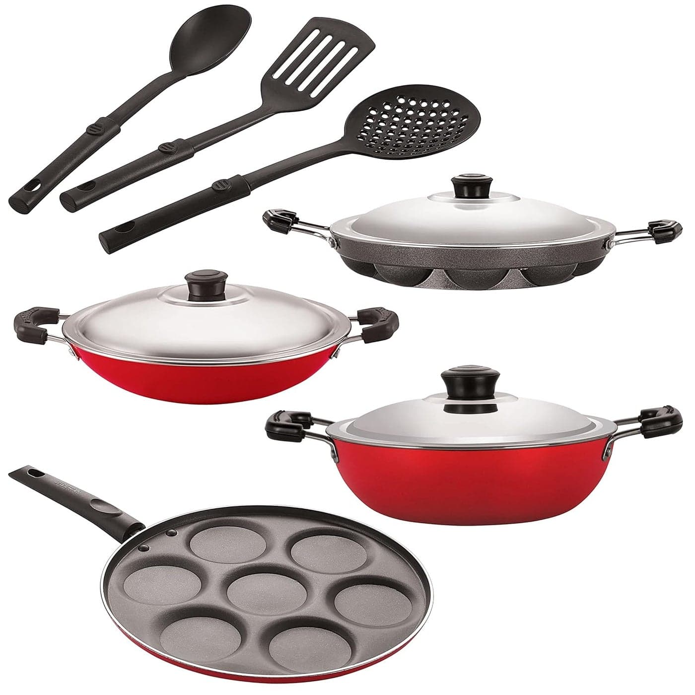 Nirlon Nonstick Coated Aluminium 7 Pcs Set of Deep Kadhai-24cm,Appam-12 Cavity,AppaChatti-22.5cm,Uttapam-7 Cavity & 3 Spoon (2.6mm_DKD(B)_AP(12)_AC_UP7_3SPN)