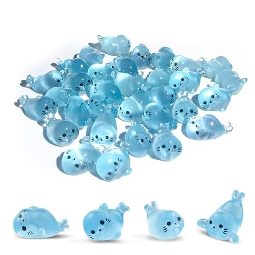 NORXUAZE 32Pcs Glow in Dark Mini Resin Seal Figurines - 4 Styles Luminous Sea Animals for Terrarium Decor, Fairy Garden, Aquarium, Small Resin Animals with Storage Box