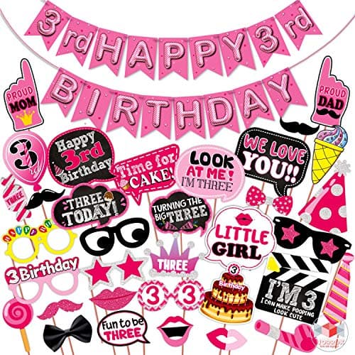 WOBBOX Third Birthday Photo Booth Party Props Pink for Baby Girl with 3rd Birthday Bunting Banner for Baby Girl in Pink, 3rd Birthday Decorations for Girl, Kids Birthday Party Decoration Items