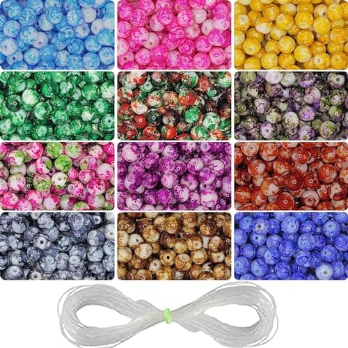 INDIKONB 420 Marble Glass Pearl Beads - 8mm Multicolour Round Beads for Jewelry Making (8mm, Multicolour - Sorted)