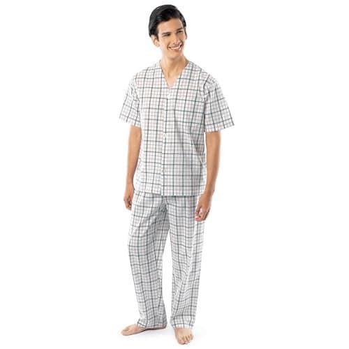Fruit of the Loom Men's Broadcloth Short Sleeve Top and Long Pants Pajama Set, Natural/Green Plaid