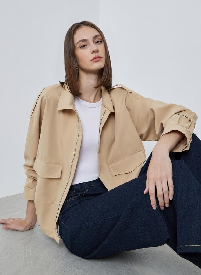 Styli Beige Boxy Fit Utility Jacket with Flap Pocket