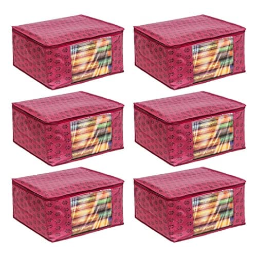 PrettyKrafts Set of 6 Non-Woven Printed Foldable Saree Covers/Wardrobe Organizer With Transparent Window And Zip/Clothes Storage Bag For Women's Lehenga, Suit Saree & Other Accessories (Maroon)