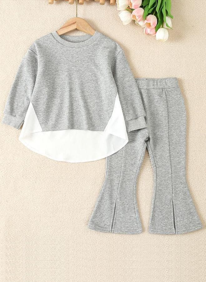 Girl'S Color Contrast Detail Sweatshirt With Slits Detail Flare Pants Set