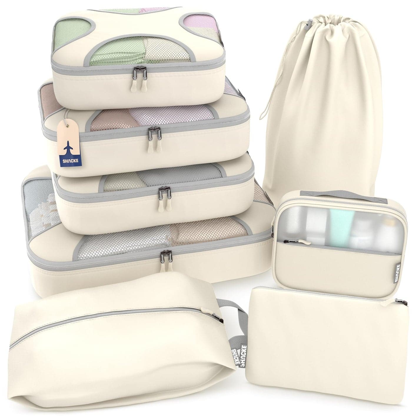 Shacke Premium 8 Packing Cubes Set Lightweight Mesh Travel Luggage Organizers with Laundry Bag 8Piece Suitcase Storage System Sand