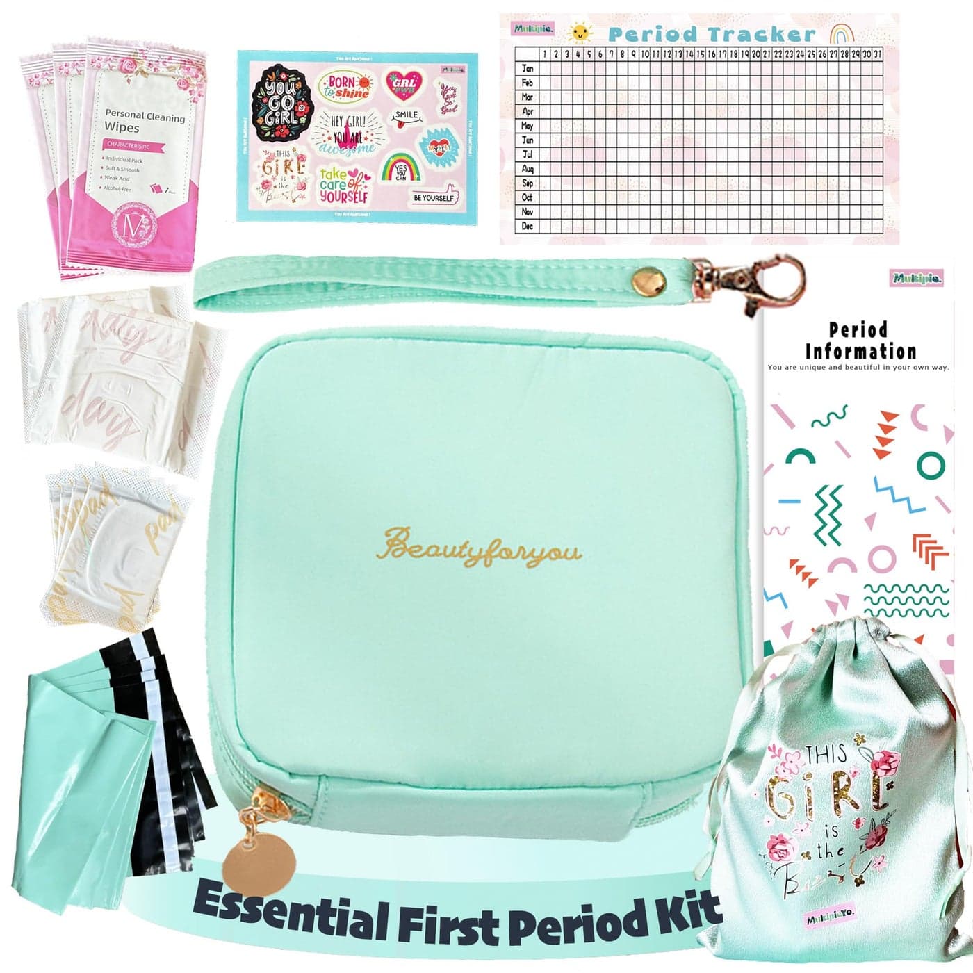 Essential Period Kit for Girls First Period kit for Girls 1012 Period Bags for Teen Girls for School First Period Gift with Sanitary Pad Storage Bag Wipes Period Tracker and MoreGreen