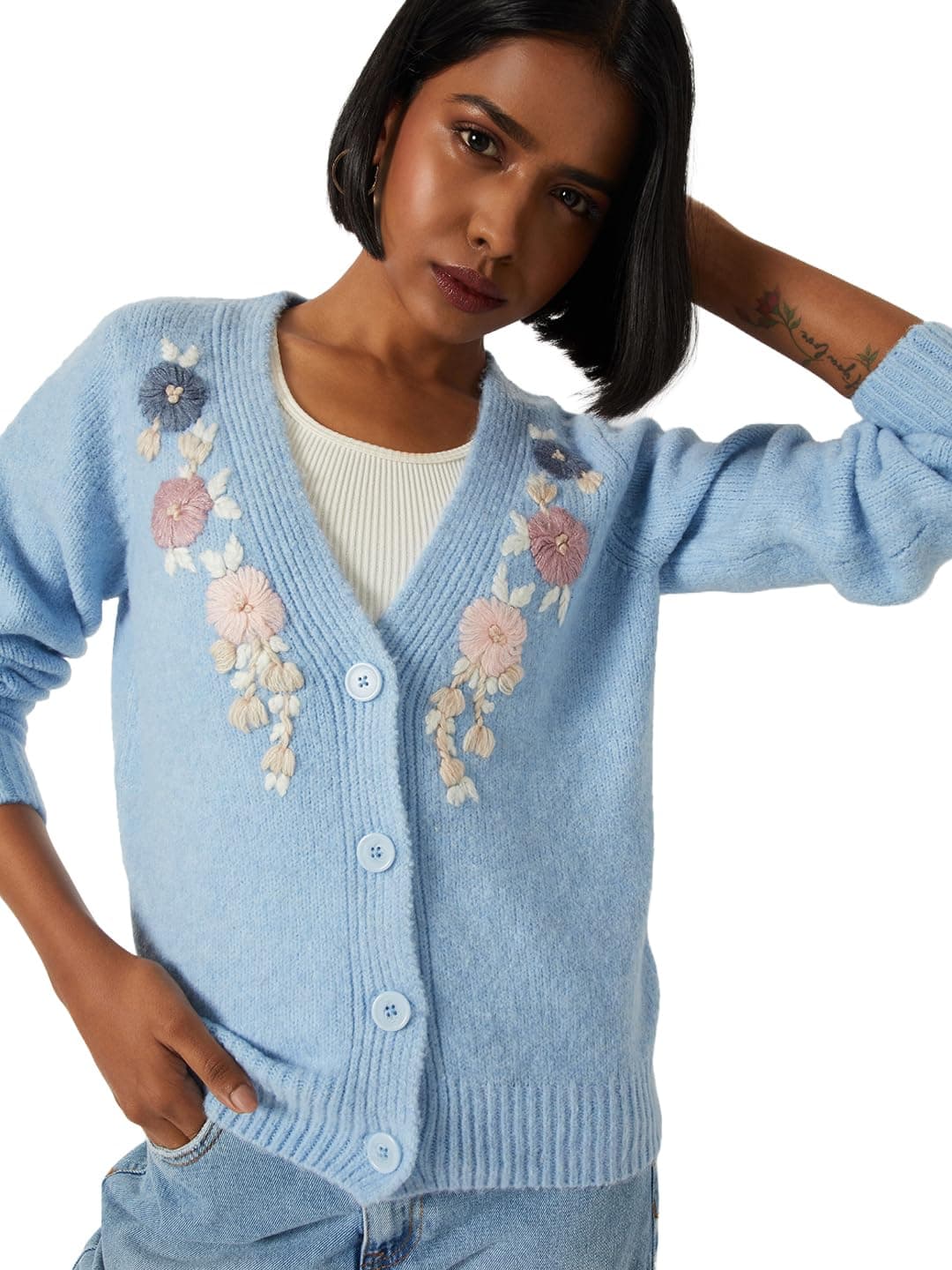 Max Women Floral Embroidered Cardigan (Blue_M)