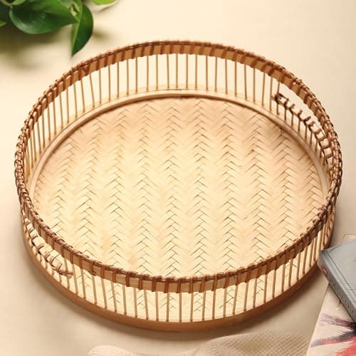 Habere India-All The Cultures Fabricating India Trays for Serving | Bamboo Round Organiser | Decorative Organiser | Tea Serving Tray | Beige Bamboo Utility Tray (Large - Dia35 x H6 cm)