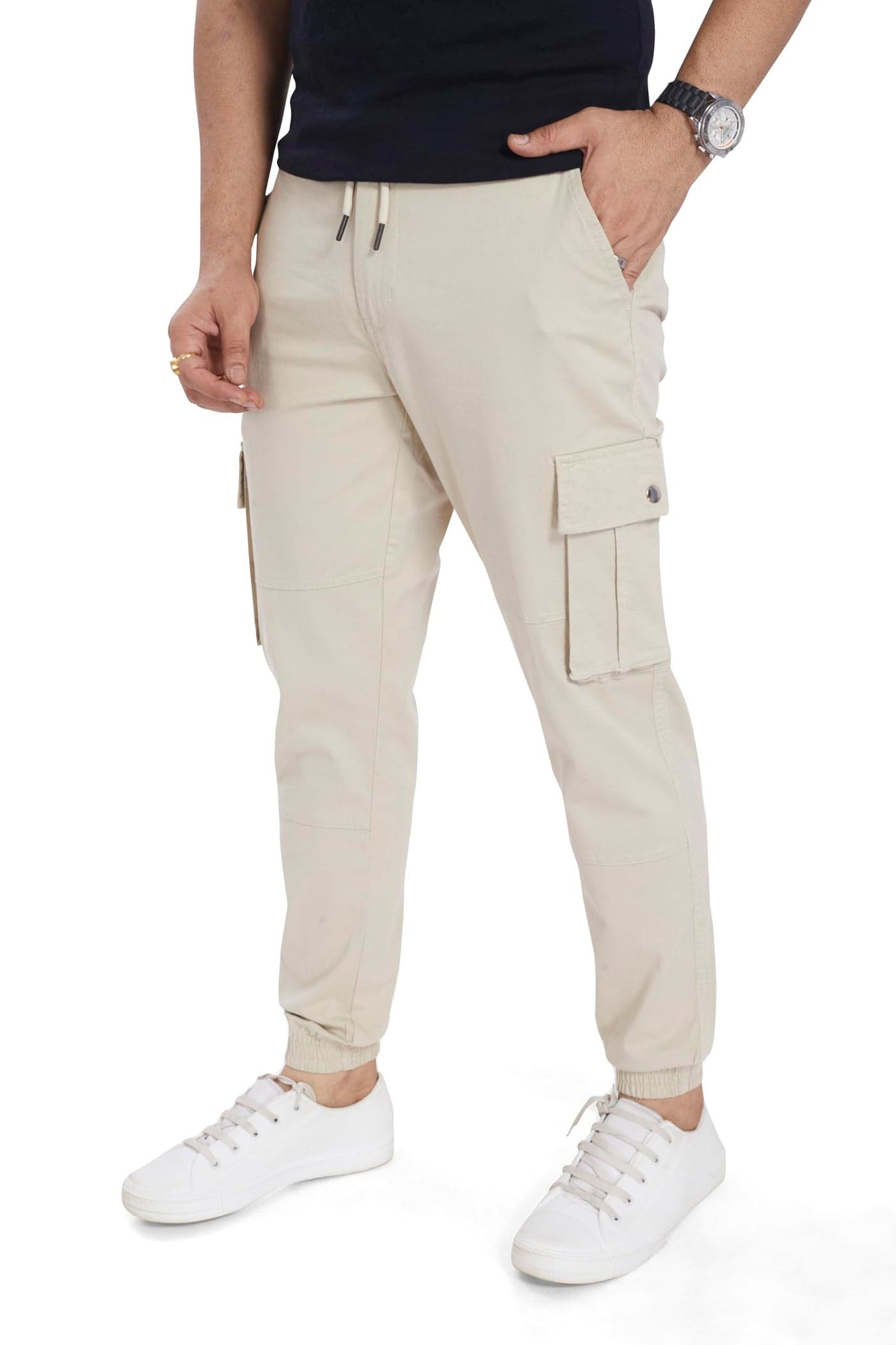 DIVISIVE Men's Cotton Cargo Joggers Pants (DCR121_32_Ecru)