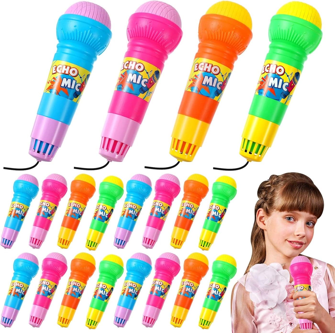 Woanger 20 Pieces Echo Microphone Toy Play Microphones for Kids Bulk Fun Voice Amplifying Multicolored Retro Battery Free Speech Therapy Toys for Singing Gifts 4 Colors 75 x 22 Inch