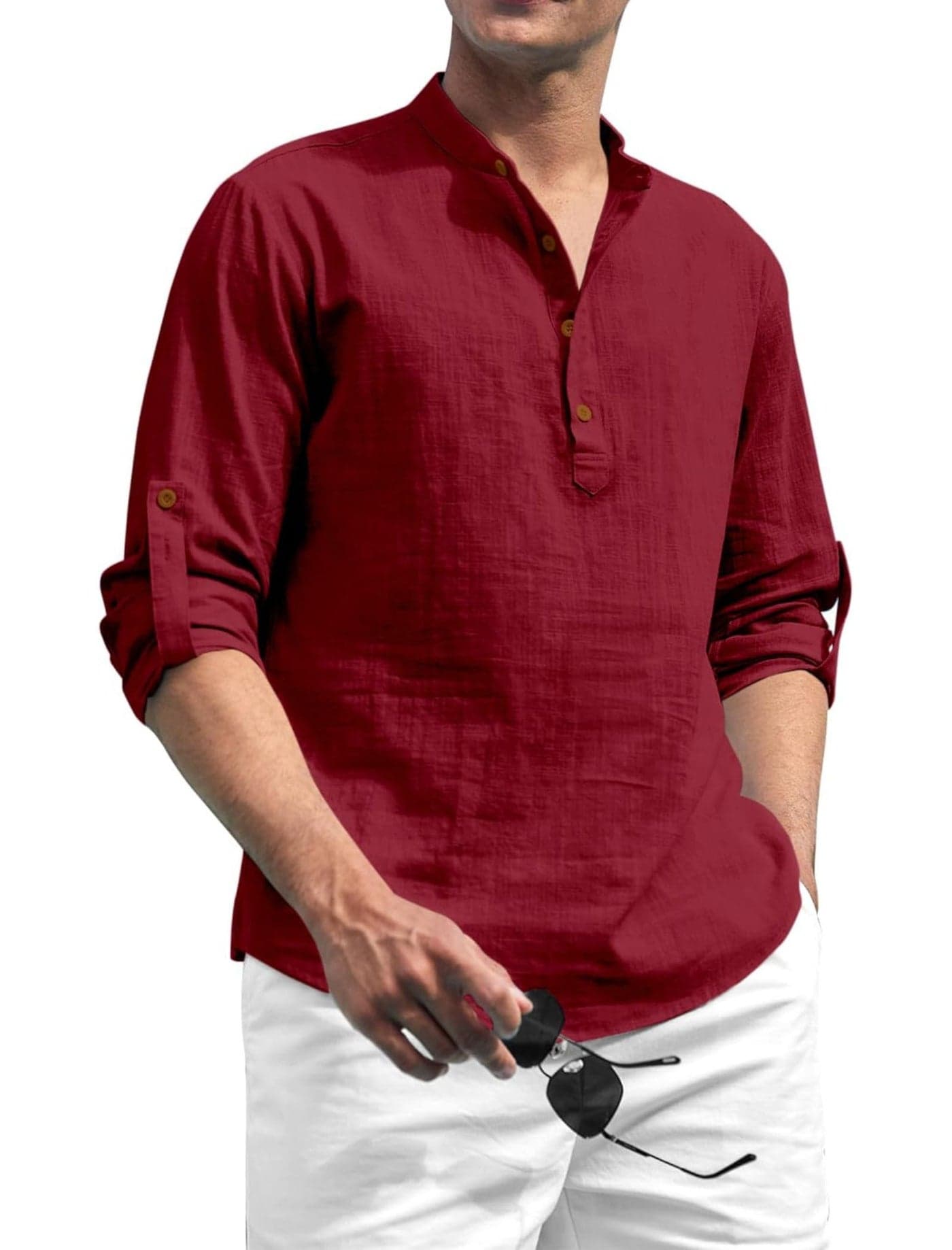 Fifth U Men's Kurta || Chinese Collar Long Sleeves || Short Kurta for Men || for Festival || Function || Occasion Wear Fancy Kurta for || Straight Hip Length Kurtas || Best Gifts for Men Maroon