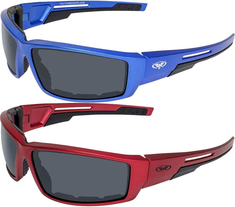 Global Vision 2 Pair Sly Motorcycle ATV Padded Riding Glasses with Smoke Lenses - Red and Blue Metallic Frames