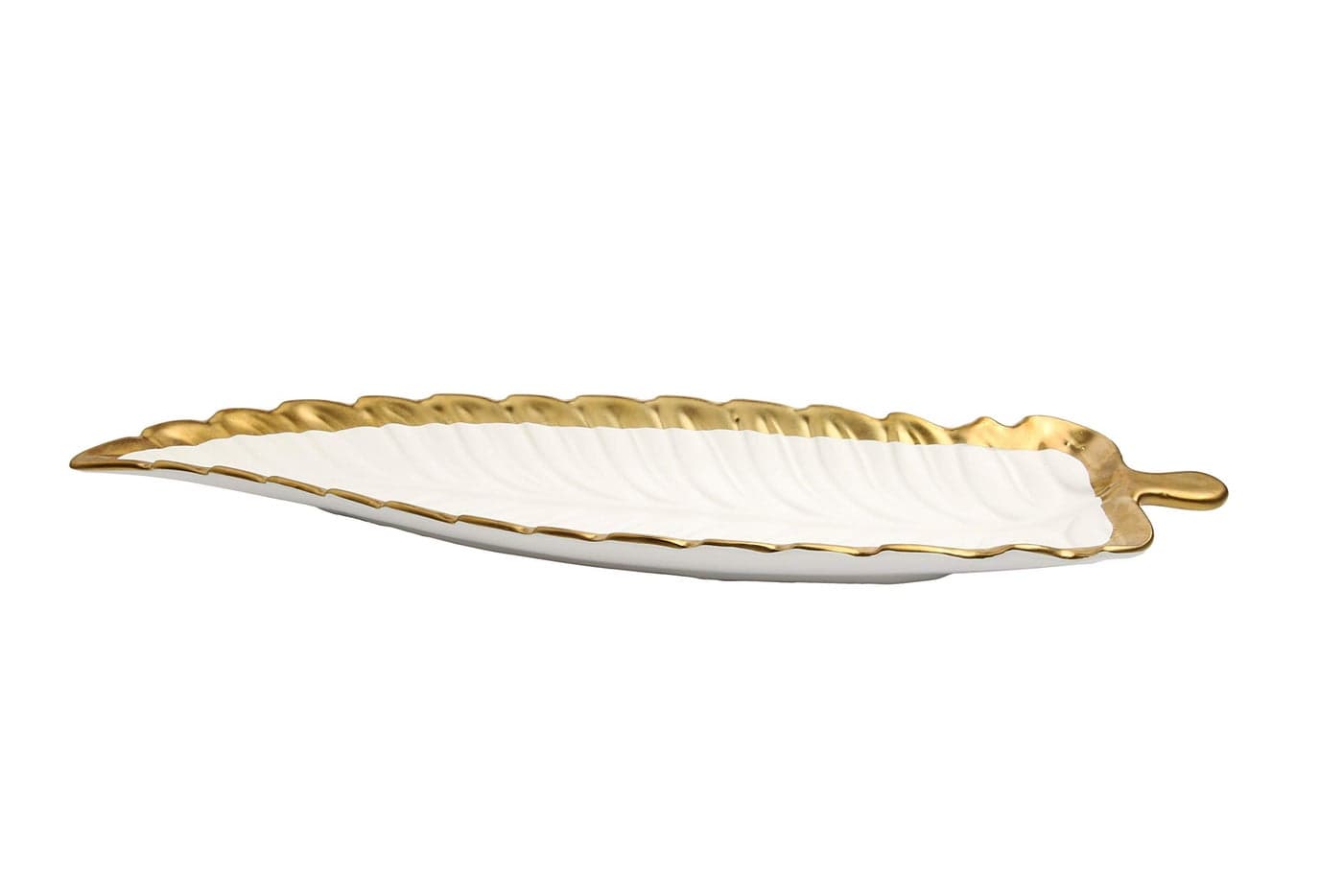 Classic Touch Decorium Porcelain Leaf Shaped Platter Dish with Gold Edge (WHITE)