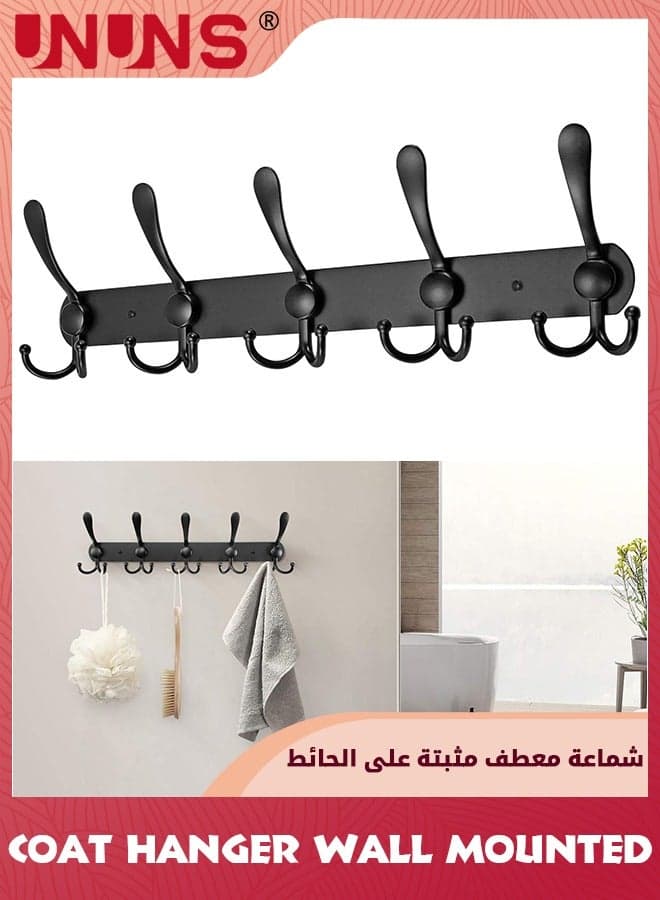 Wall Mounted Coat Hooks,5 Tri Heavy Duty Stainless Steel Rack Hooks,45cm Multi-Purpose Metal Rack Hanger For Clothers Hat Towel Robes,Suitable Bedroom Bathroom Entryway Kitchen,Black