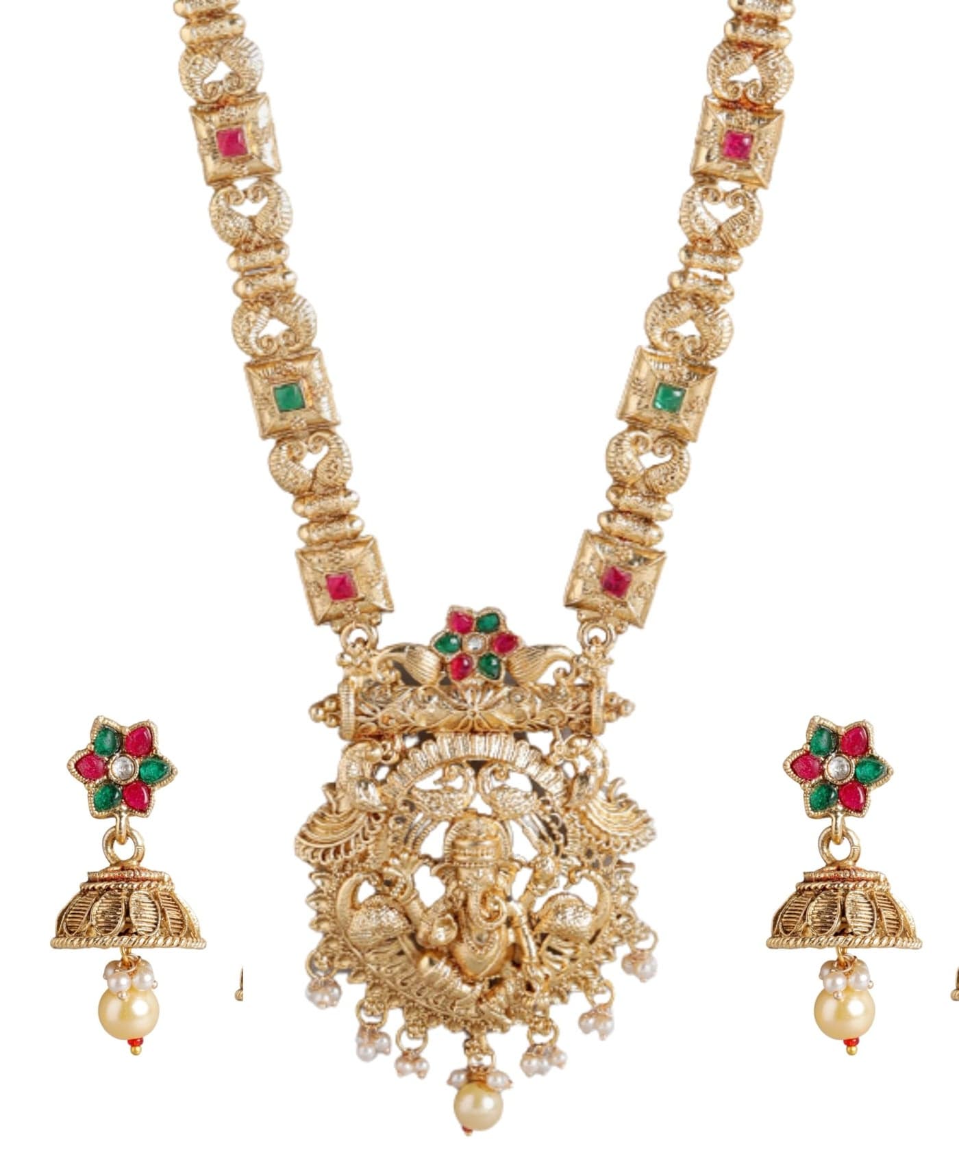 Mansiyaorange South Indian Temple Style Long Rani Haar with Ganesha Pendant & Earrings | Traditional Gold Plated Kempu Stone Jewelry Set for Women