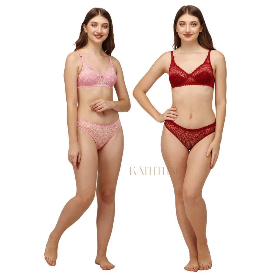 Kaththai Women's Bridal Floral Lace, Underwire, High Cut Thong Honymoon Lingerie Bra Panty Set Adjustable Straps for Easy Wear, Lightweight and Breathable Material (32, Pink + Maroon)