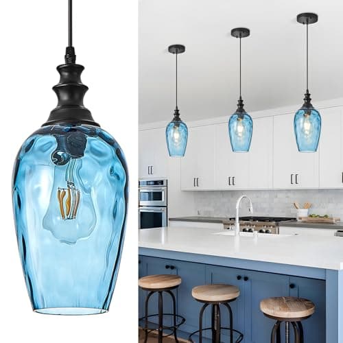 AIBISOD Pendant Lights Kitchen Island, Hanging Lighting Fixtures Dark Blue Water Ripple Glass Lamp Shade Black Pendant Light Fixtures for Kitchen Island Bedroom Living Dining Room Light Fixture