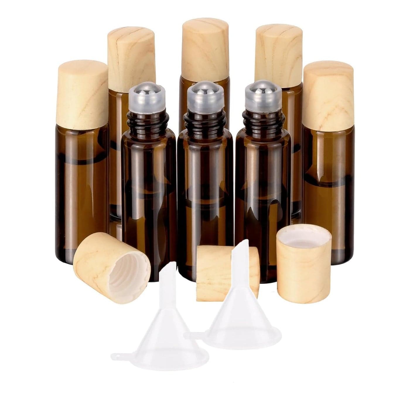 Newzoll 8pcs 5mL Amber Glass Roller Bottles for Essential Oils Perfume 16 oz Leak Proof Empty Eye Roll On Vials with Rollerball Applicator 2 Funnels Travel Mini Refillable DIY Containers