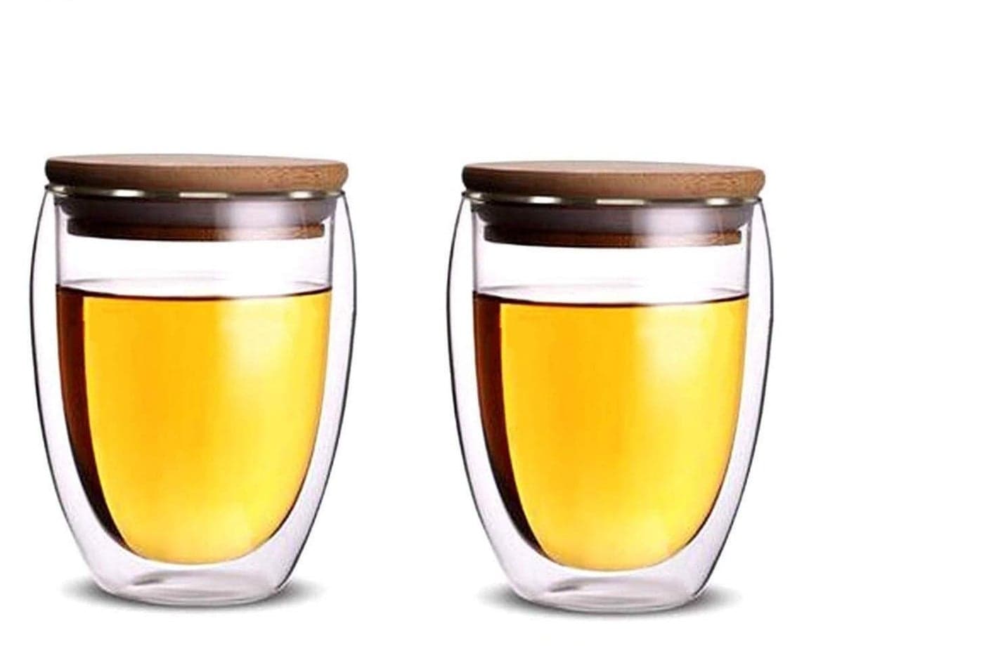 P-PLUS INTERNATIONAL Glass Coffee Mugs for Tea, Double Wall Glass Coffee Tea Glass Cups for Tea with Bamboo Lid Coffee Glass Tea Cups Coffee Cups with Lid(P07-350ml-Pack 2)