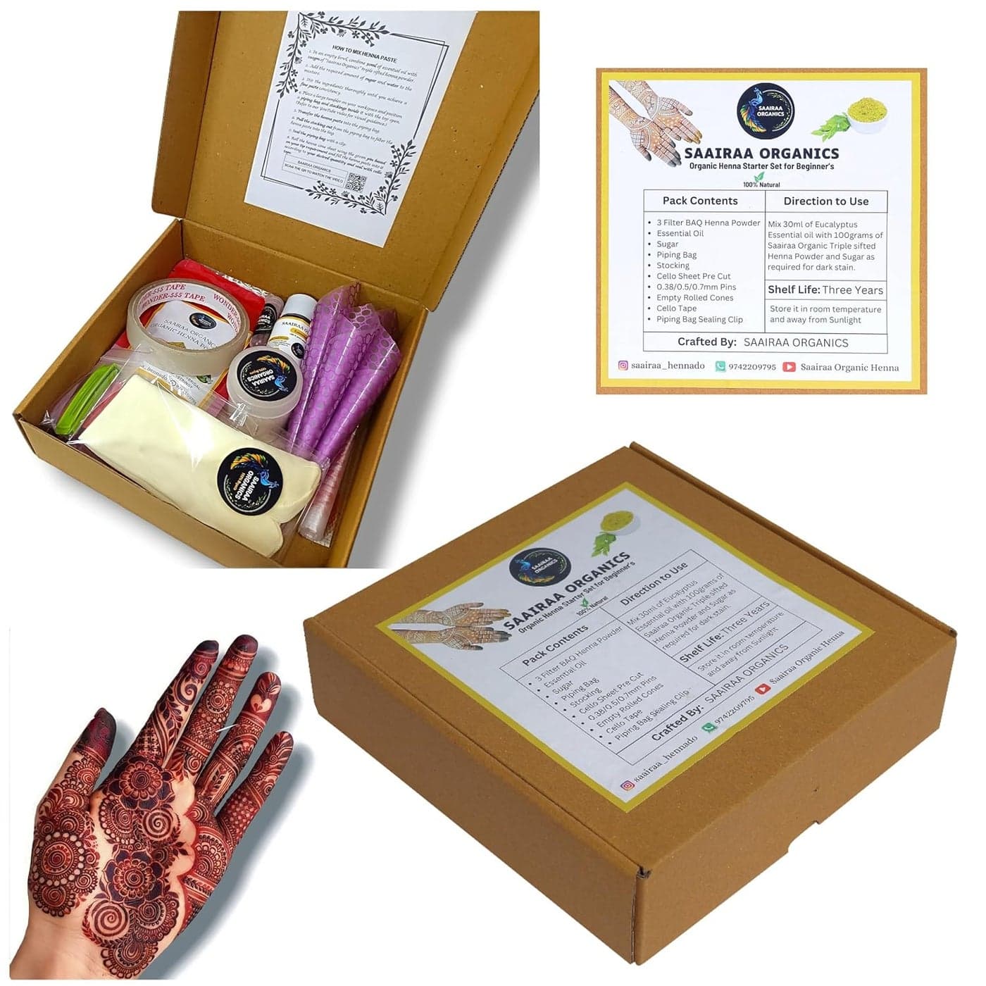 Saairaa Organics Henna Starter Set for Beginners DIY Organic Cone Making Kit Make 1416 Cones