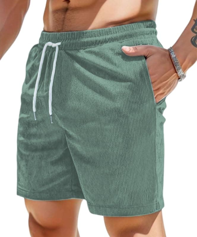 SMOWKLY Men's Premium Polycotton Casual Ribbed Shorts || Elastic & Drawstring Waist with 2 Pocket || Loose Fit Lightweight Burmuda Perfect for Workout, Beach & Summer ||Shorts Pant for Men Rama Green