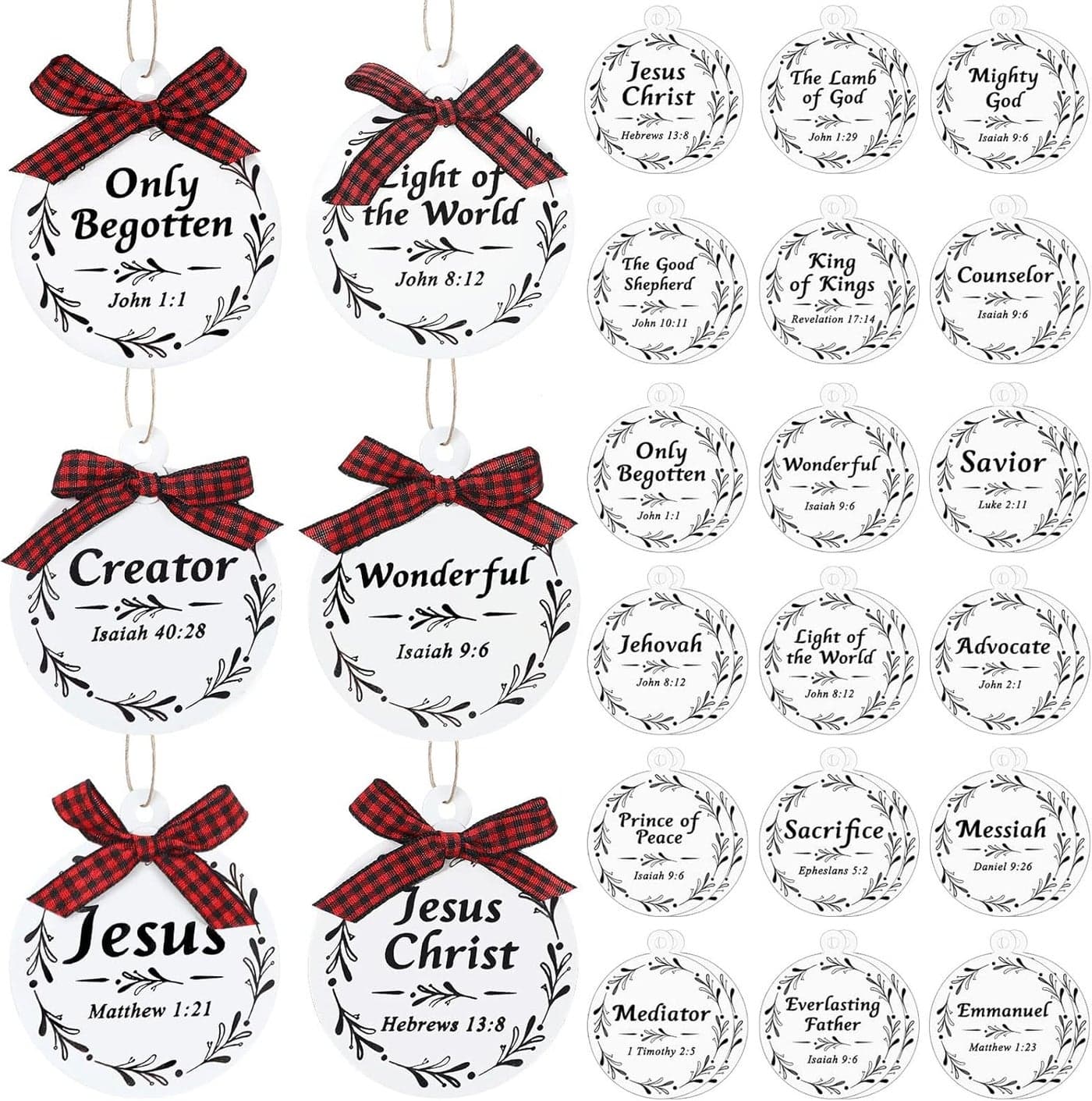 36 Pcs Names of Jesus Christ Christmas Ornament Set Wood Jesus Christmas Ornaments Hanging Religious Wood Christmas Decorations Mini Red and Black Buffalo Plaid Bows for Christmas Tree Car Home Decor