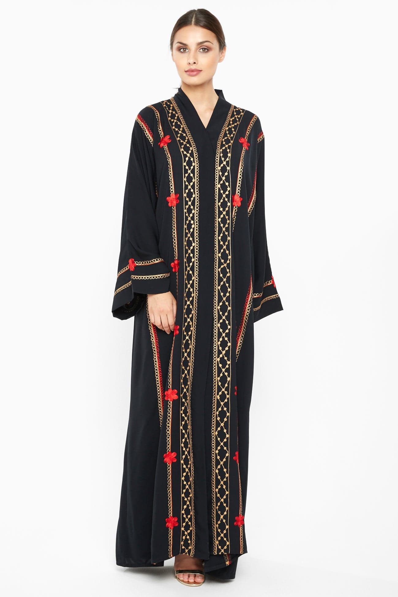 A rich and sensuous abaya with red and cream floral embroidery detailing-AJ667A