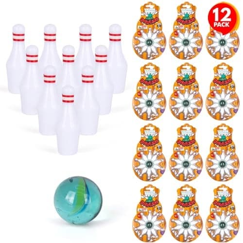 ArtCreativity Bowling Party Favors Pack of 12 Each Set Includes 10 Miniature Pins and 1 Marble Ball Mini Bowling Set Mini Games for Kids and Adults Fun Desk Toys
