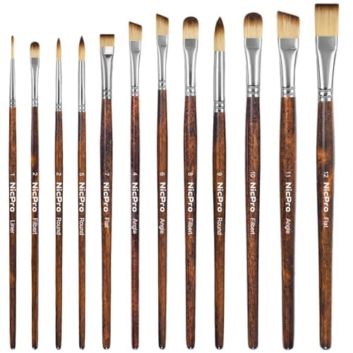 Nicpro 12PCS Artist Paint Brush Set Craft Paint Brushes for Acrylic Painting Oil Watercolor Gouache Tempera Face Body Fabric Model Art Supplies Paintbrushes for Artists Beginners Wood
