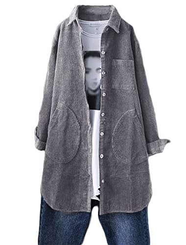 Minibee Women's Corduroy Shirt Coats Long Sleeve Button Down Blouses Tops with Pockets Dark Gray M