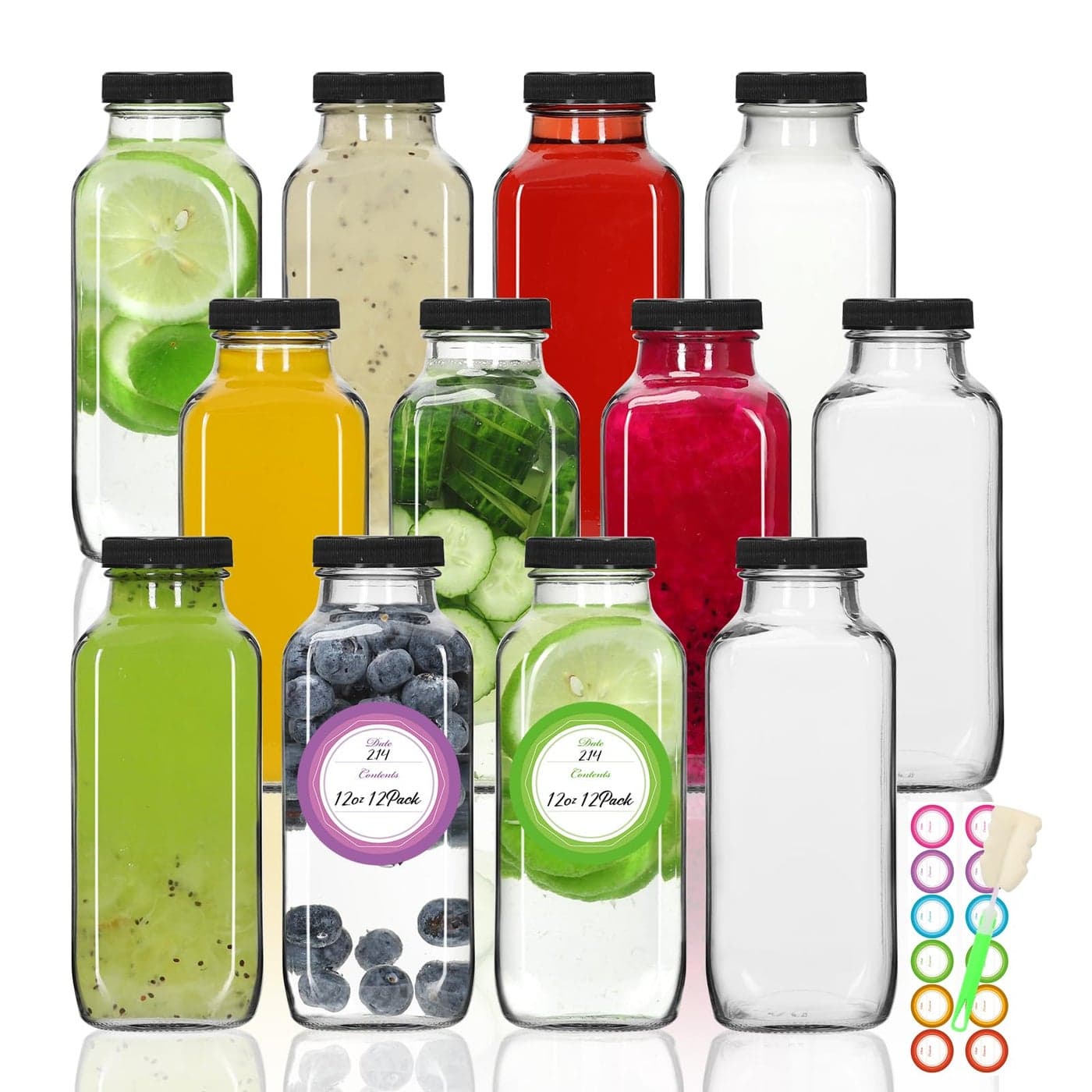 STARSIDE 12 oz Glass Juice Bottles with Lids 12 Pack Square Reusable Drinking Jars for Juicing Milk Kombucha Includes 1 Bottle Brush 12 Colored Labels