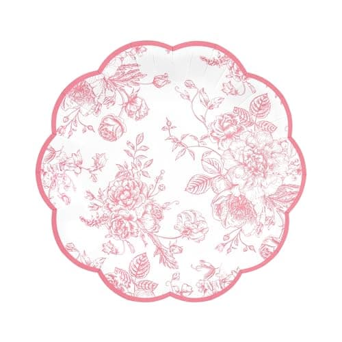 Elyxio Pink Floral Party Plates Vintage Floral Leaf Disposable Paper Plates Wildflower Pink Toile 7" Scalloped Rim Dessert Plates for Valentines Birthday Bridal Tea Party Supplies (24)