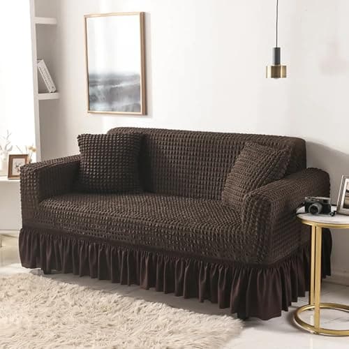 Lukzer 320 GSM Coffee Brown 2 Seater Turkish Sofa Cover Universal Couch Protector Bubble Fabric with Frill Universal Big Elasticity Furniture Slipcover (130-160cm/SC-097-02)