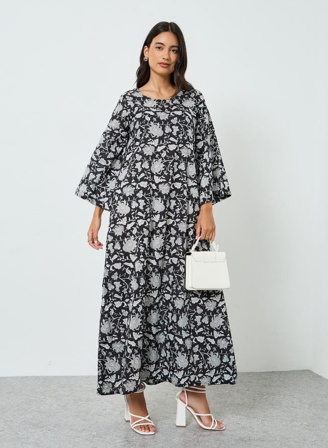 Black Floral Print A-Line Jalabiya
