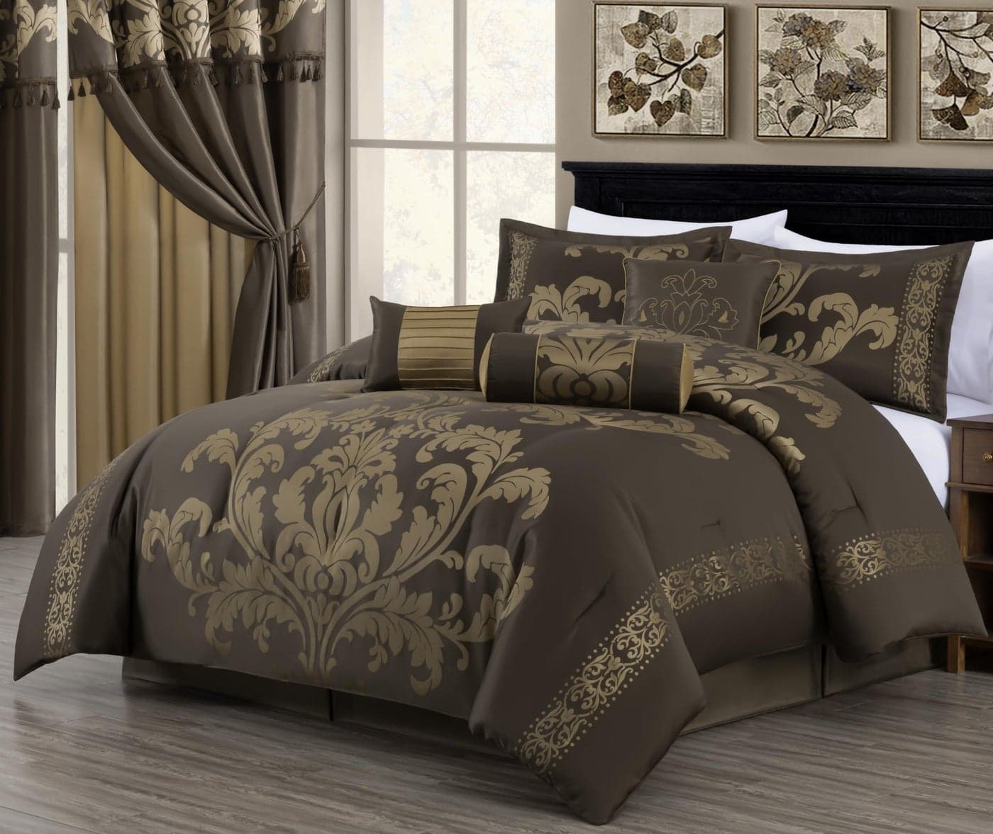 Chezmoi Collection 7Piece Jacquard Floral Comforter Set King CoffeeGold
