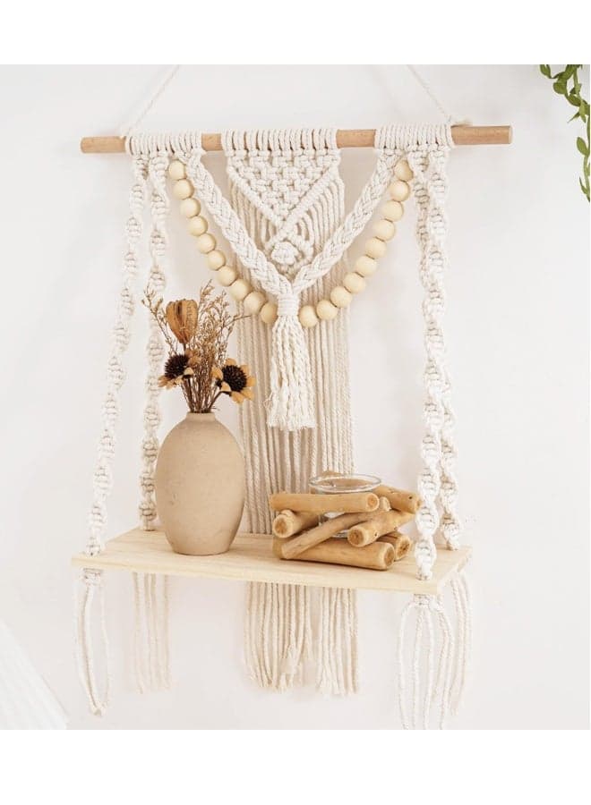 Handmade Macrame Wall Shelf, Boho Floating Decor for Bedroom Living Room Nursery Bathroom, Woven Rope Organizer for Photos and Plants