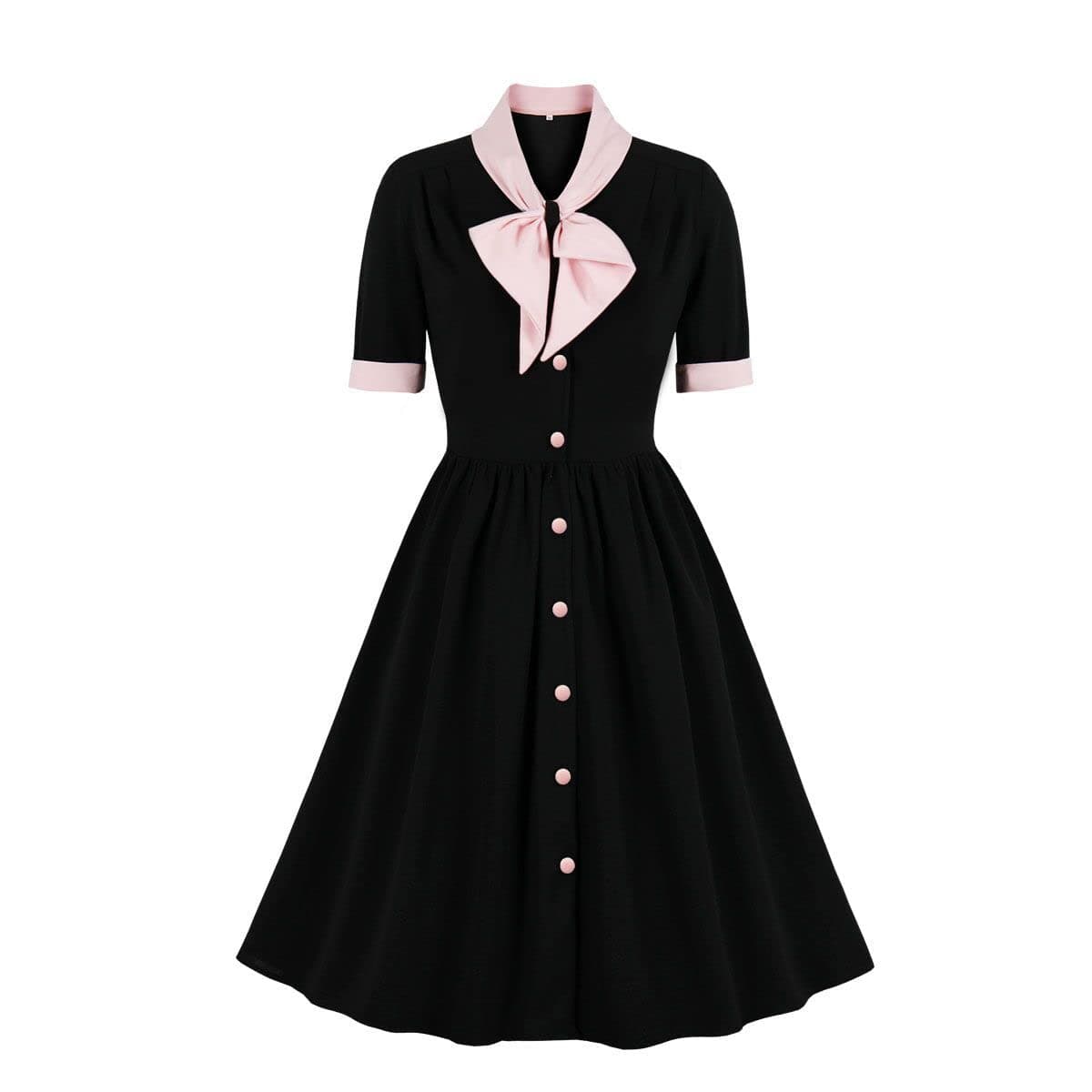 Women Roll Sleeve Tie Neck Vintage Cocktail Swing Dress Buttons Down 50s 60s 1950s Audrey Hepburn Rockabilly Prom Dress Casual Knee Length Pleated ALine Wedding Formal Evening Gown BlackTie XL