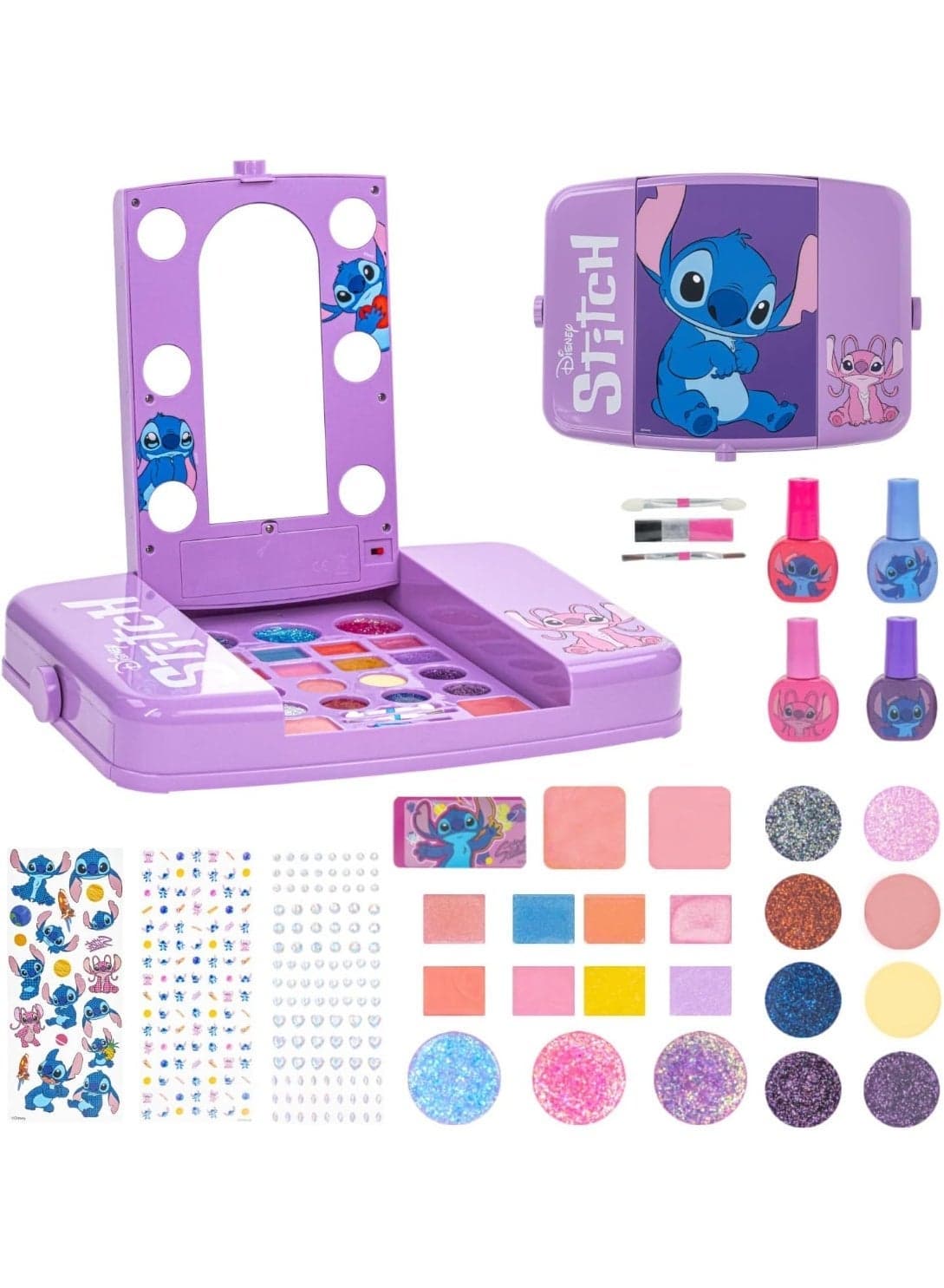 Disney Stitch Beauty Vanity Set with Light-Up Mirror, Includes Lip Gloss, Eyeshadow, Blush, Brushes, Nail Polish, Accessories, Batteries Not Included, Ages 6+, for Gift-Giving, by Townley Girl