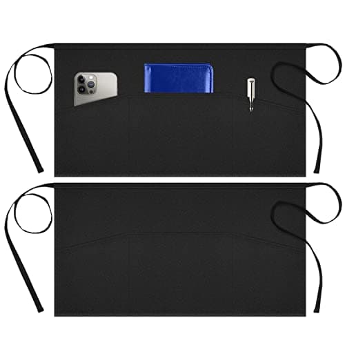 Syntus 2 Pack Server Aprons with 3 Pockets, Waterdrop Resistant Waitress Waiter Waist Apron, 11.5-inch Black