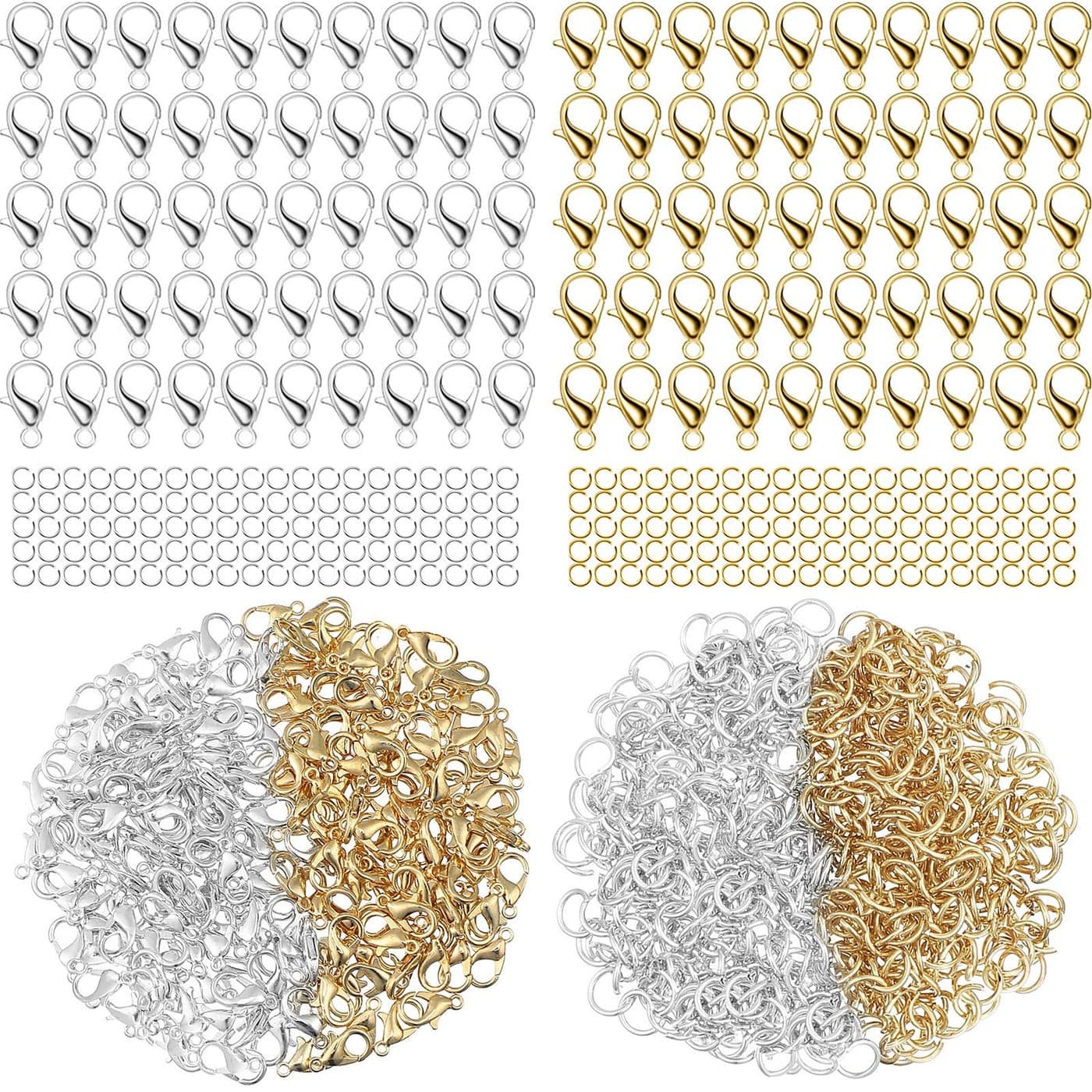 Junkin 300 Pcs Lobster Claw Clasps and Open Jump Rings Set Alloy Jewelry Findings Kit for Jewelry Making Gold and Silver Lobster Claw Clasps Bracelet Necklace Fasteners Hook DIY Accessories for Women