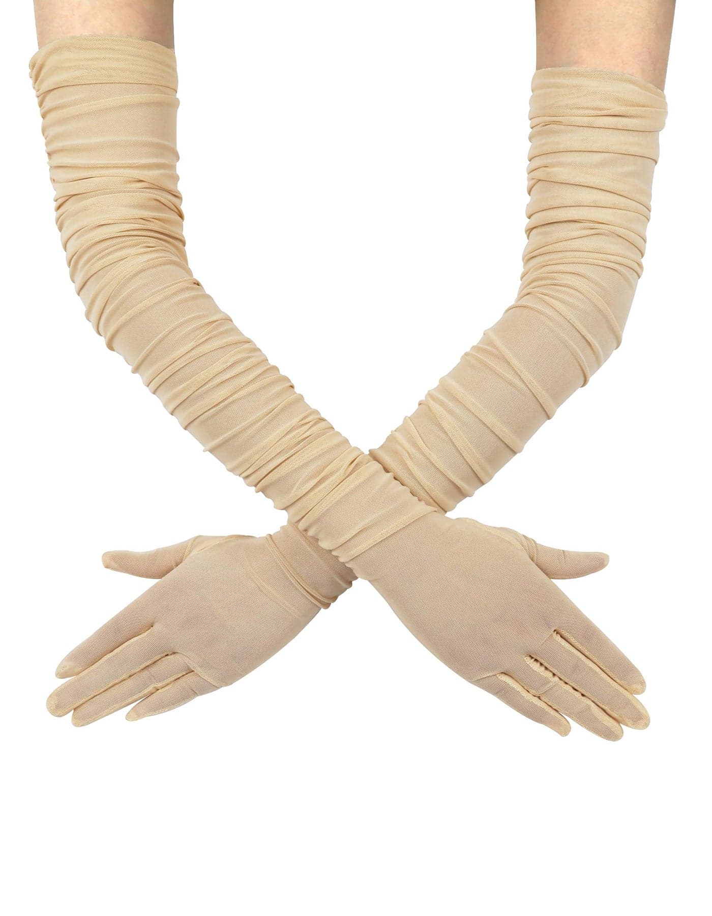 QRBTSCL Women's Stretchy Super Long Tulle Gloves Ruched Opera Mush Semi Sheer Gloves for Evening Party Champagne
